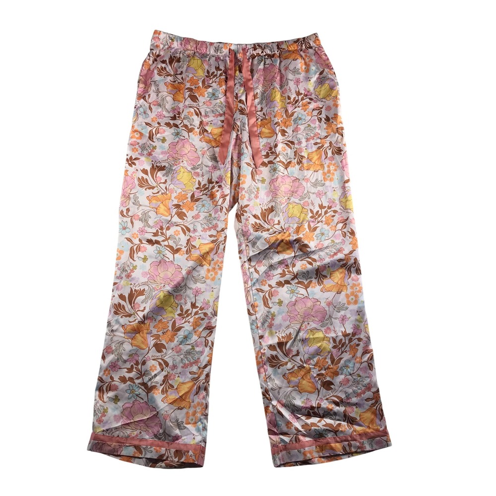 Victorias Secret Floral Satin Pajama Pants Pink Orange XL 398973-KB9